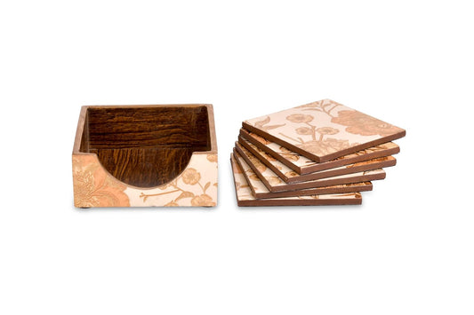 Tea Coasters Set of 6 with Stand || Cream Gold
