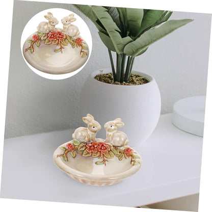 Ceramic Fawn Garden Dish – Handcrafted Decorative Bowl with Rabbit & Floral Design