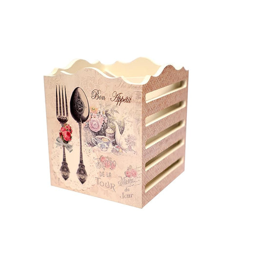 Cutlery Holder White Wooden Floral || 4 Partitions