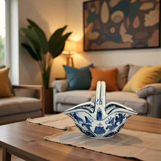 Elegant Blue & White Ceramic Basket Bowl with Handle – Decorative Home Accent