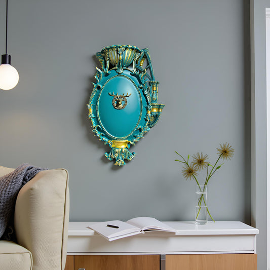 Teal & Gold Wall Décor with Golden Deer Emblem – Luxury Vintage Style Wall Accent