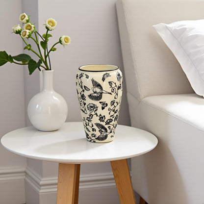 Elegant Black & White Ceramic Vase with Bird and Floral Design - Medium