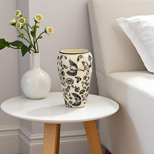 Elegant Black & White Ceramic Vase with Bird and Floral Design - Medium