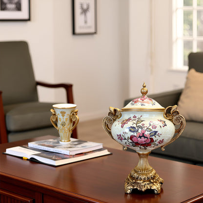 Luxury Ceramic & Gold Decorative Jar with Lid – Ornate Floral Design