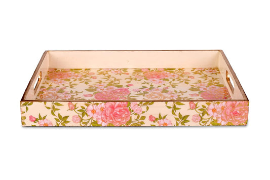 Wooden Glossy Floral Serving Tray Pink Blossom || Gold Plated Designs Large