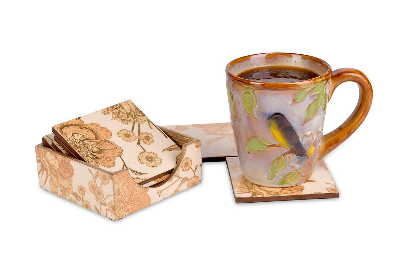 Tea Coasters Set of 6 with Stand || Cream Gold