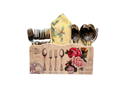Elegant Cutlery Holder Yellow Wooden Floral || 3 Partitions