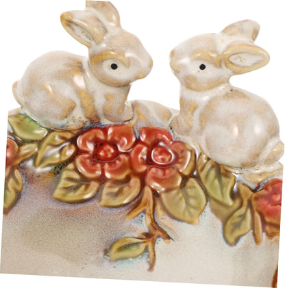 Ceramic Fawn Garden Dish – Handcrafted Decorative Bowl with Rabbit & Floral Design