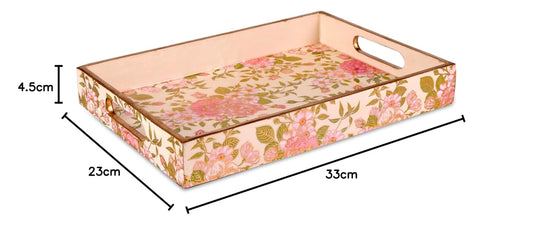 Wooden Glossy Floral Serving Tray Pink Blossom || Gold Plated Designs Medium