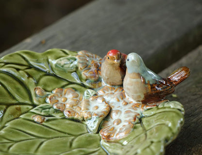 Leafy Ceramic Bird Bowl – Handcrafted Decorative Dish with Floral & Bird Detailing