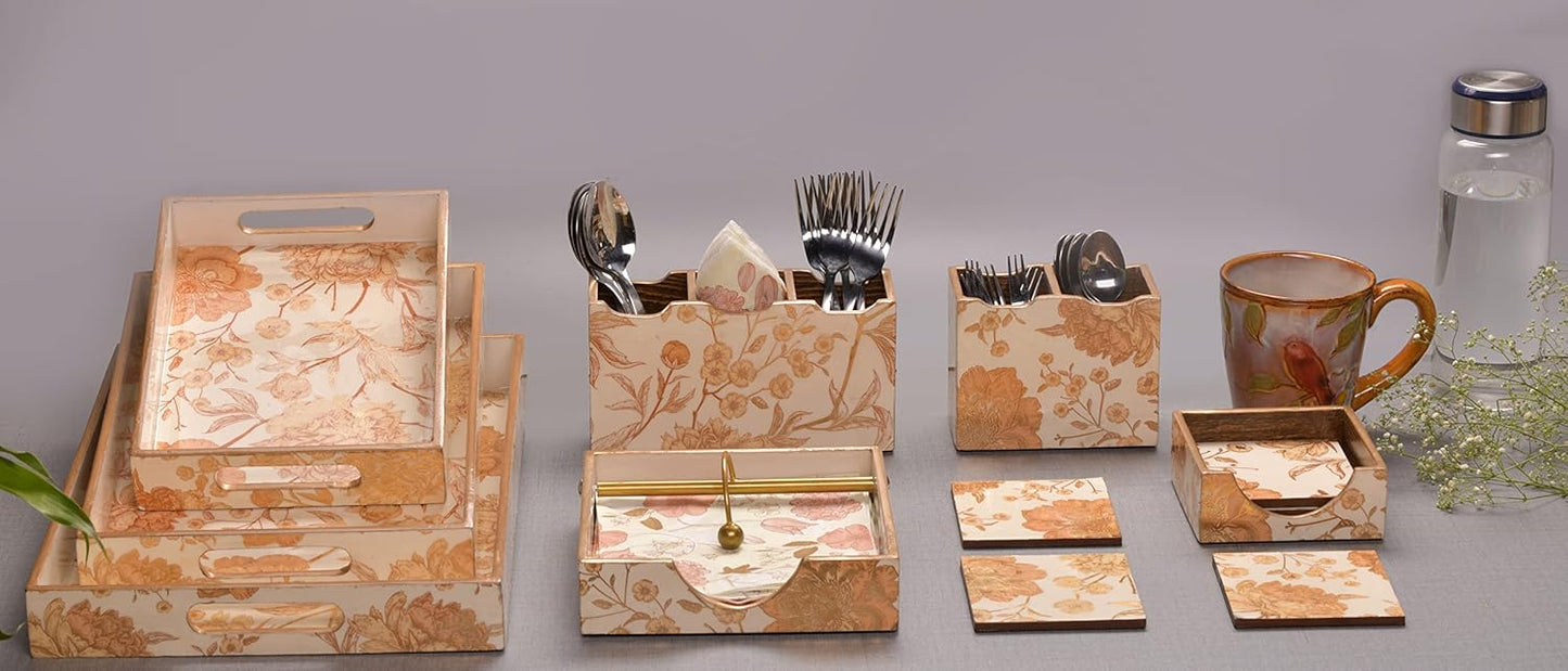 Tea Coasters Set of 6 with Stand || Cream Gold