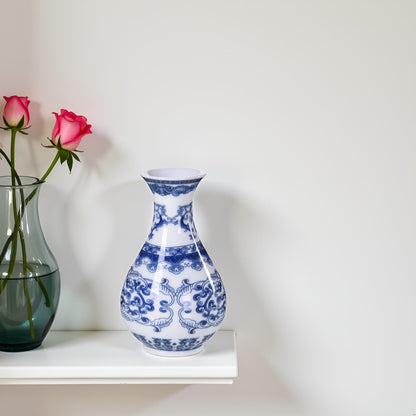 Blue and White Ceramic Vase with Classic Floral Oriental Pattern