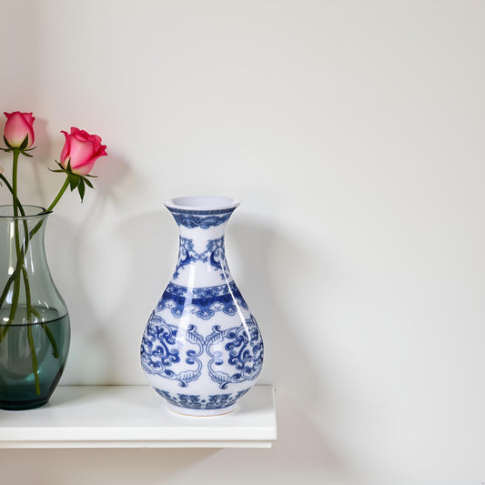 Blue and White Ceramic Vase with Classic Floral Oriental Pattern