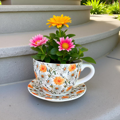 Decorative Oversized Floral Cup and Saucer Style  – Ceramic Planter