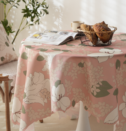 Soft Cotton Dining Tablecloth with Pink & Green Leaf Print