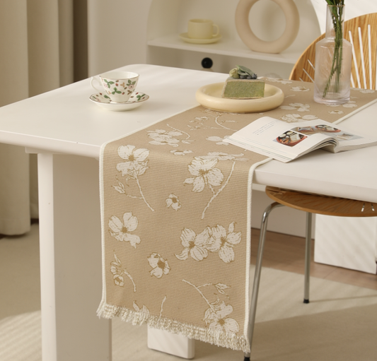 Soft Beige Table Runner with Subtle Floral Pattern (6 seater)