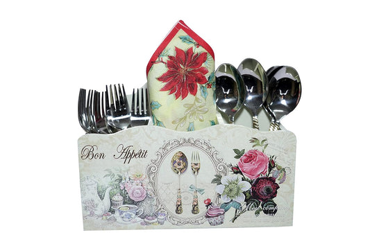 Cutlery Holder White Wooden Floral || 3 Partitions