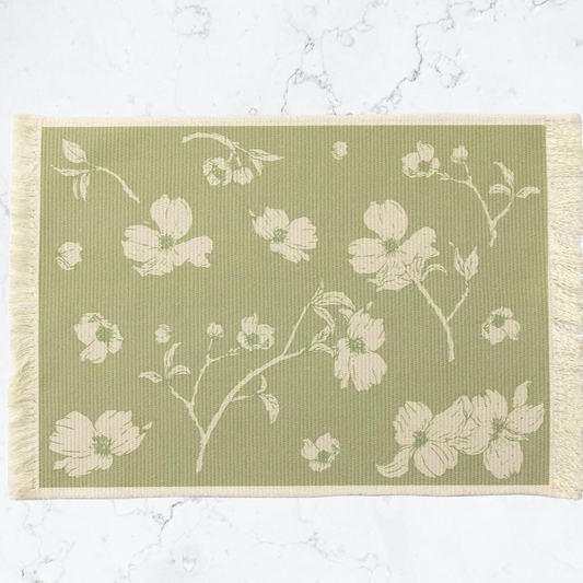 Rectangle Shape Decorative Table Placement with Floral Print and Lace Trim, White Green, Cotton Blend (4PC Set)