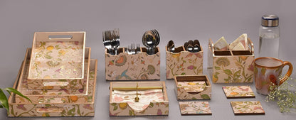 Cutlery Holder Wooden Floral Multi Colour with 4 Partitions
