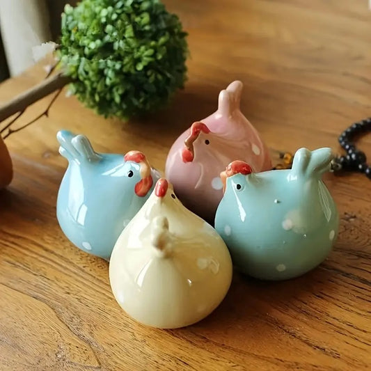Colorful Rooster & Hen Ceramic Figurine | Set of 4 | SMALL