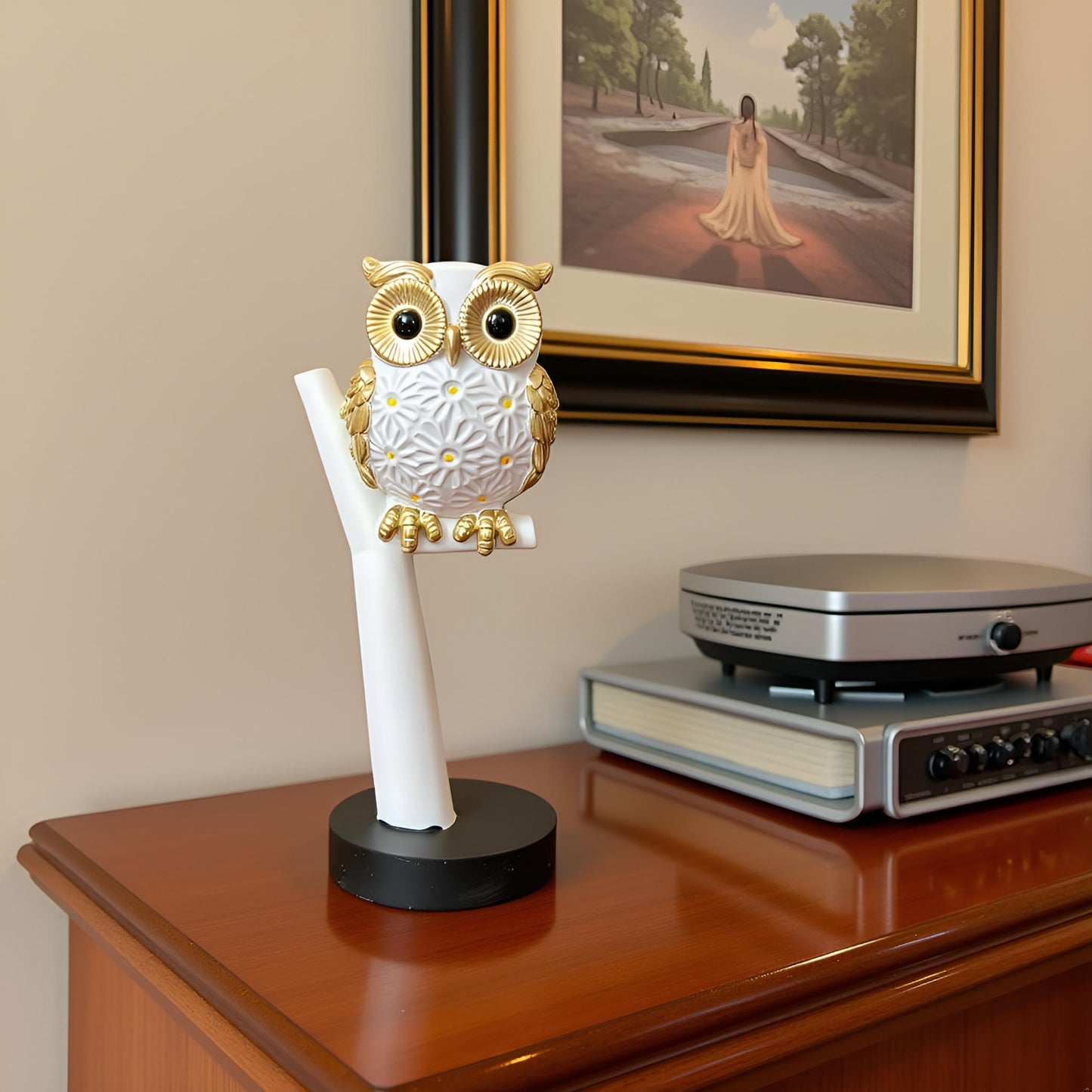 White and Gold Owl Figurine - Medium