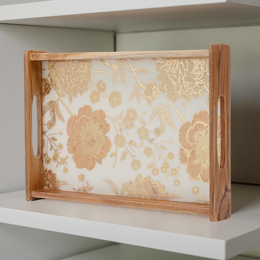 Luxury Wooden Serving Tray with Gold Floral Design (Medium)