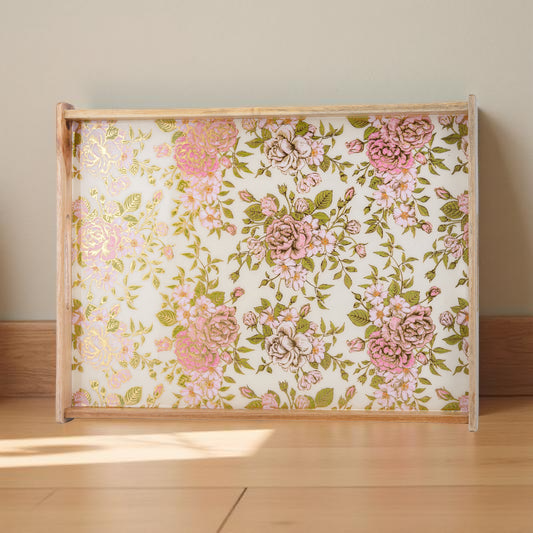 Elegant Wooden Serving Tray with Pink & Gold Floral Design (Small)