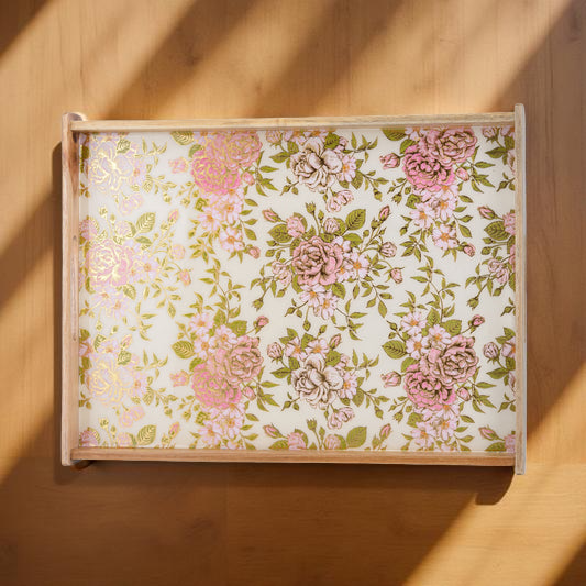 Elegant Wooden Serving Tray with Pink & Gold Floral Design (Medium)