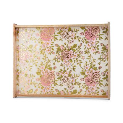 Elegant Wooden Serving Tray with Pink & Gold Floral Design (Medium)