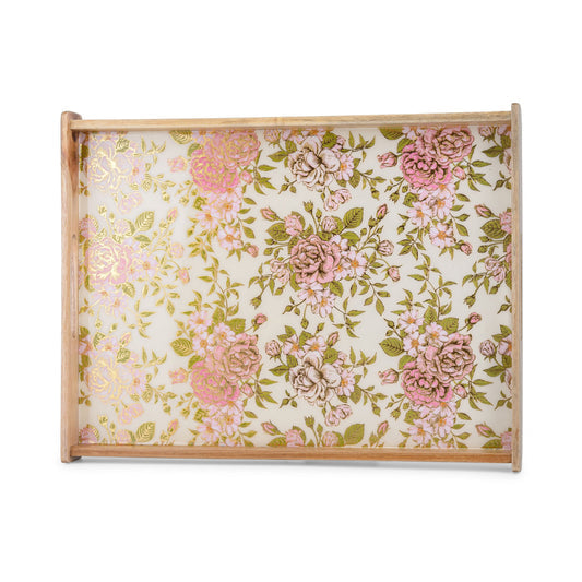 Elegant Wooden Serving Tray with Pink & Gold Floral Design (Large)