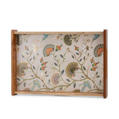 Handcrafted Wooden Serving Tray with Peacock & Floral Design ( Small )