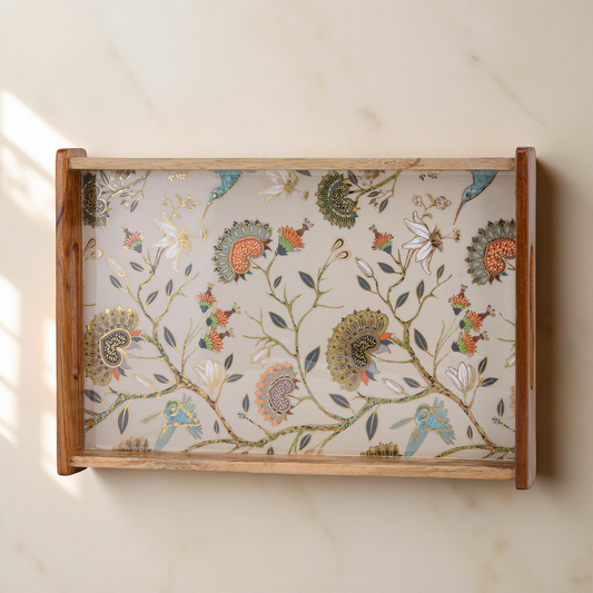 Handcrafted Wooden Serving Tray with Peacock & Floral Design ( Small )
