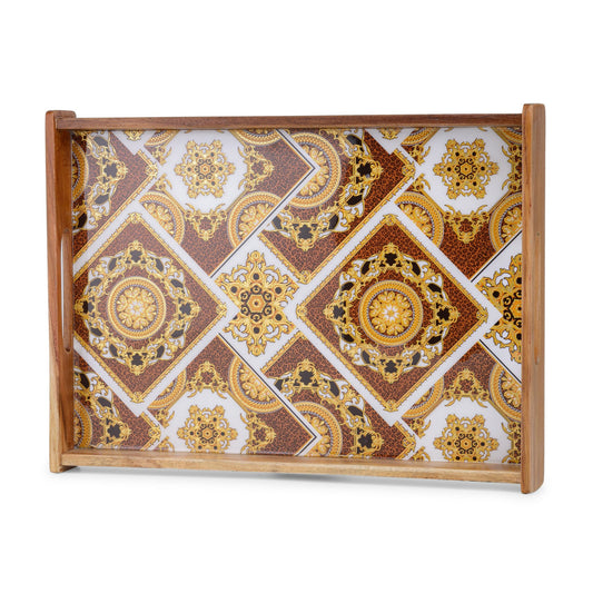 Royal Wooden Serving Tray with Gold & Brown Geometric Design (Large)