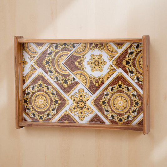 Royal Wooden Serving Tray with Gold & Brown Geometric Design (Medium)