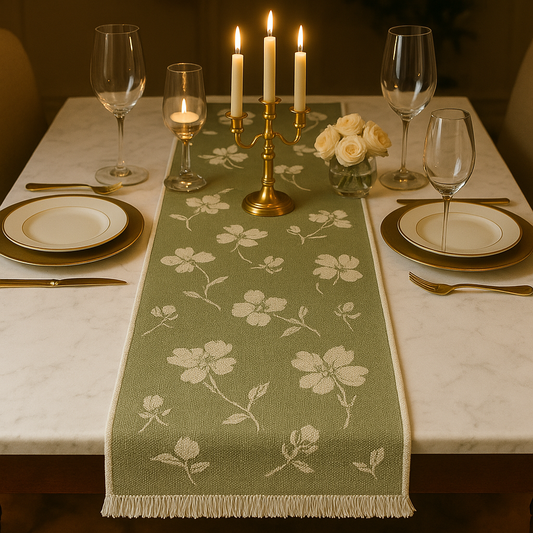 Green-Coloured Table Runner with Subtle Floral Pattern (6 seater)