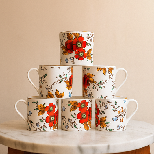 Red Floral Tea Cups – Set of 6 (Multicolor)