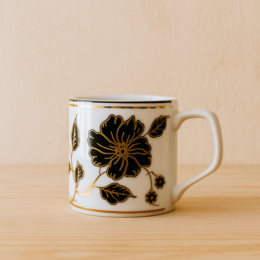 Elegant Black Floral Ceramic Mug Set – Gold-Accented (Set of 6)