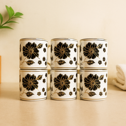 Elegant Black Floral Ceramic Mug Set – Gold-Accented (Set of 6)