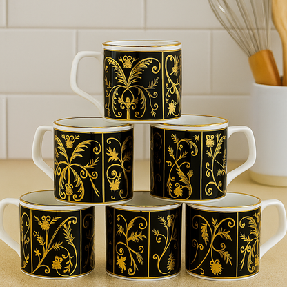 Royal Black & Gold Ceramic Mug Set – Set of 6