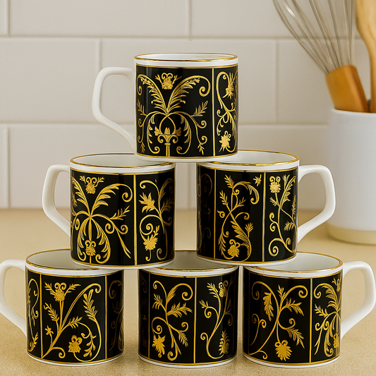 Royal Black & Gold Ceramic Mug Set – Set of 6