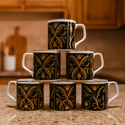 Royal Black & Gold Ceramic Mug Set – Set of 6