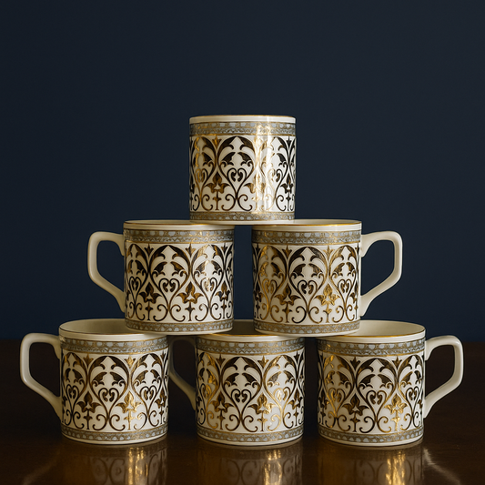 Regal Gold Filigree Tea Mug Set – Vintage-Inspired (Set of 6)