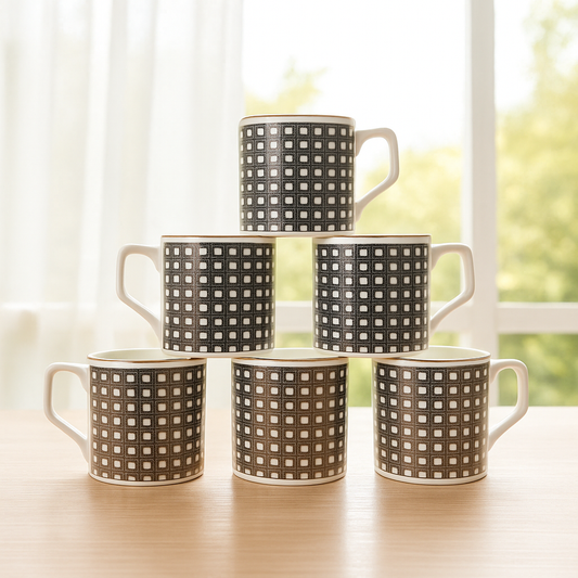 Modern Geometric Ceramic Mug Set – Black & White (Set of 6)