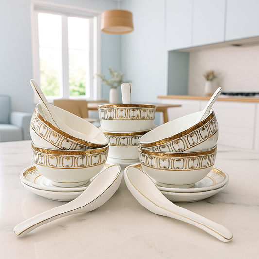 Regal Emblem – Gold Rimmed Soup Bowl Set with Saucers & Spoons (Set of 6)