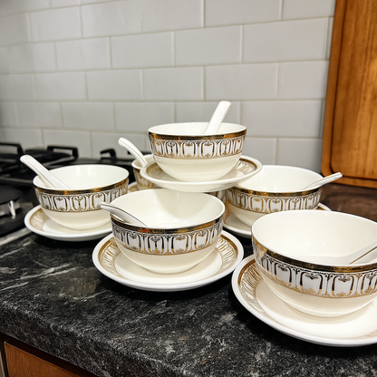 Regal Emblem – Gold Rimmed Soup Bowl Set with Saucers & Spoons (Set of 6)