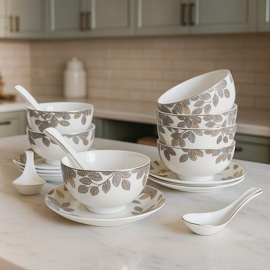 Silverleaf Harmony – Soup Bowl Set with Saucers & Spoons (Set of 6)