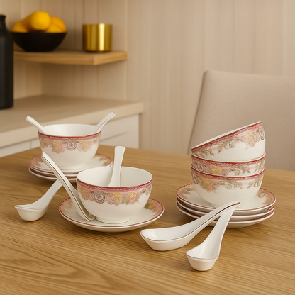 Empress Rose – Soup Bowl Set with Saucers & Spoons (Set of 6)