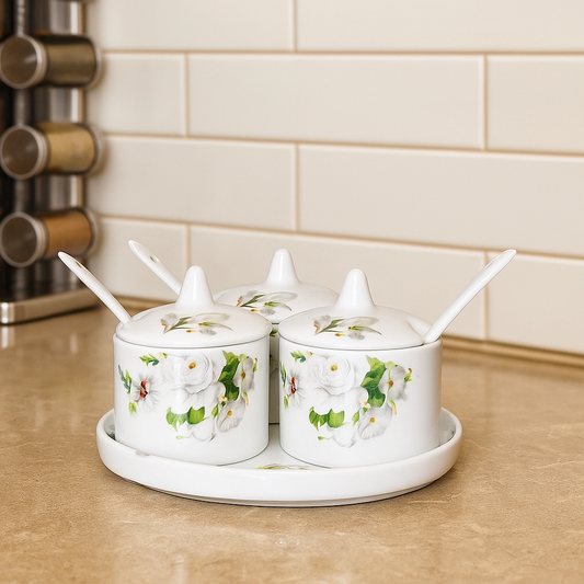 Ivory Bloom – Elegant White Floral Spice Jar Set (Set of 3)