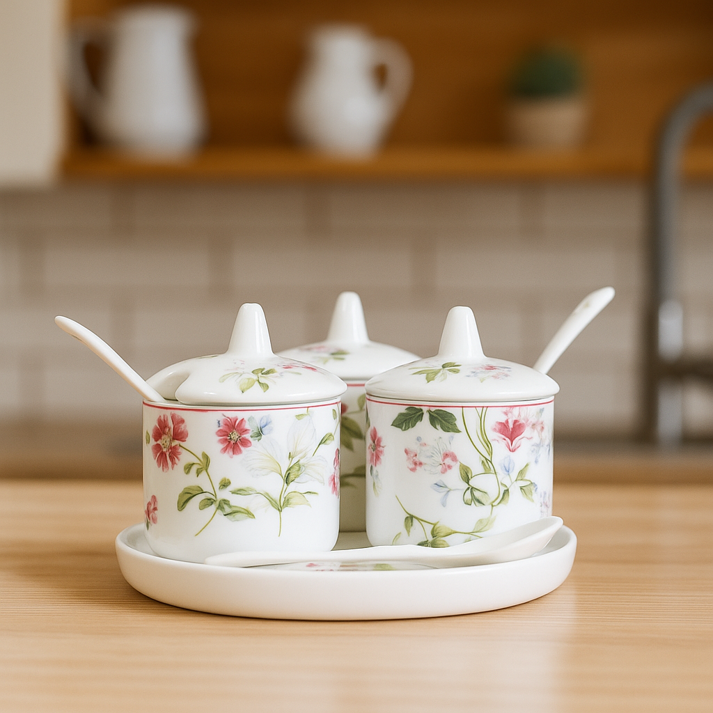 Blush Meadow – Hand-Painted Floral Spice Jar Set (Set of 3)