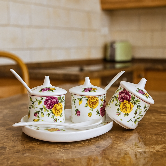 Vintage Bloom – Floral Spice Jar Set with Tray & Spoons (Set of 3)